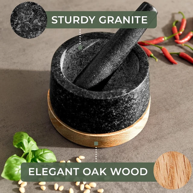 Alt view image 5 of 6 - Mortar and Pestle - Mortar and Pestle Set with Anti-Scratch Oak Wood Base - Mortar with Extra Large Pestle Out of Natural Granite - Large Mortar and Pestle - Perfect for Guacamole