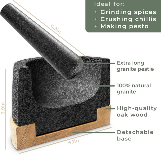 Alt view image 6 of 6 - Mortar and Pestle - Mortar and Pestle Set with Anti-Scratch Oak Wood Base - Mortar with Extra Large Pestle Out of Natural Granite - Large Mortar and Pestle - Perfect for Guacamole