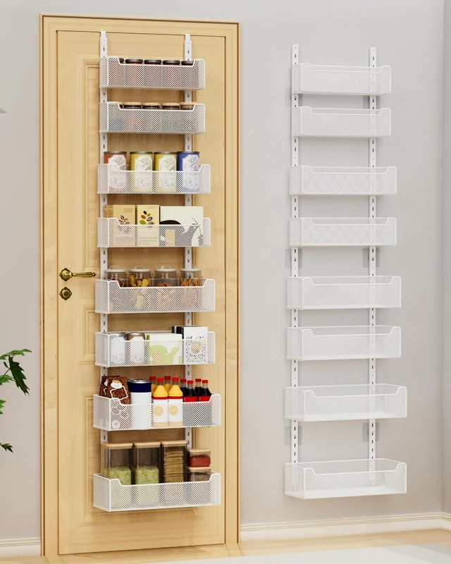 Main image of Over the Door Organizer, 8-Tier Pantry Organizer with Fully Enclosed Mesh Baskets, Heavy-Duty Metal Hanging Spice Rack for Kitchen Bathroom Laundry Room, 2-in-1 Wall Mount or Door Mount, White