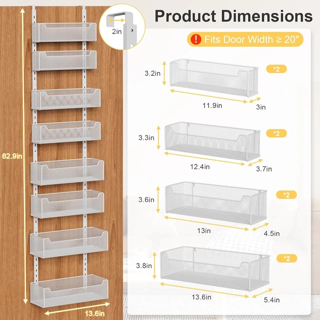 Alt view image 3 of 7 - Over the Door Organizer, 8-Tier Pantry Organizer with Fully Enclosed Mesh Baskets, Heavy-Duty Metal Hanging Spice Rack for Kitchen Bathroom Laundry Room, 2-in-1 Wall Mount or Door Mount, White