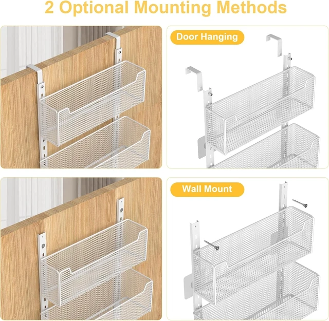 Alt view image 6 of 7 - Over the Door Organizer, 8-Tier Pantry Organizer with Fully Enclosed Mesh Baskets, Heavy-Duty Metal Hanging Spice Rack for Kitchen Bathroom Laundry Room, 2-in-1 Wall Mount or Door Mount, White