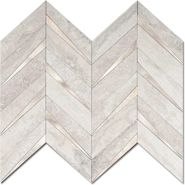Main image of 10-Sheet Herringbone Tile Peel and Stick Backsplash, Beige Mixed Metal Gold PVC Stick on Backsplash, Self Adhesive Wall Tile for Kitchen and Bathroom