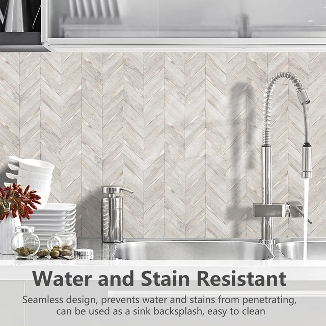 Alt view image 3 of 7 - 10-Sheet Herringbone Tile Peel and Stick Backsplash, Beige Mixed Metal Gold PVC Stick on Backsplash, Self Adhesive Wall Tile for Kitchen and Bathroom