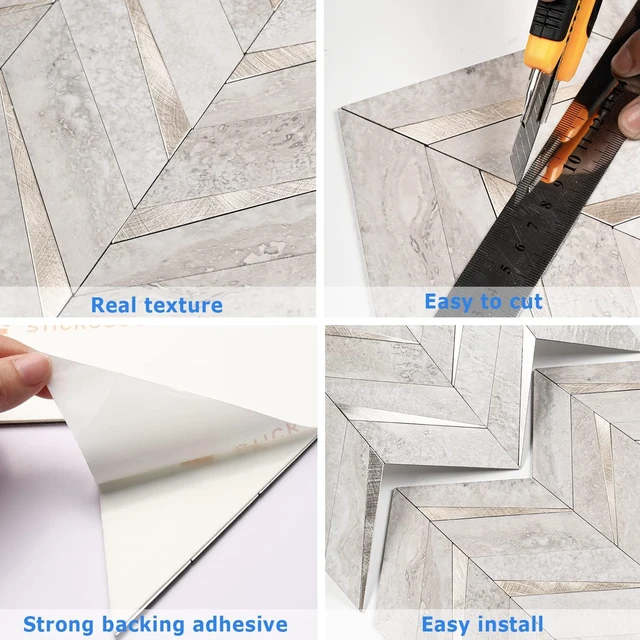 Alt view image 4 of 7 - 10-Sheet Herringbone Tile Peel and Stick Backsplash, Beige Mixed Metal Gold PVC Stick on Backsplash, Self Adhesive Wall Tile for Kitchen and Bathroom