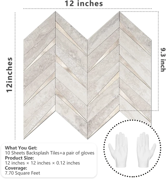 Alt view image 5 of 7 - 10-Sheet Herringbone Tile Peel and Stick Backsplash, Beige Mixed Metal Gold PVC Stick on Backsplash, Self Adhesive Wall Tile for Kitchen and Bathroom
