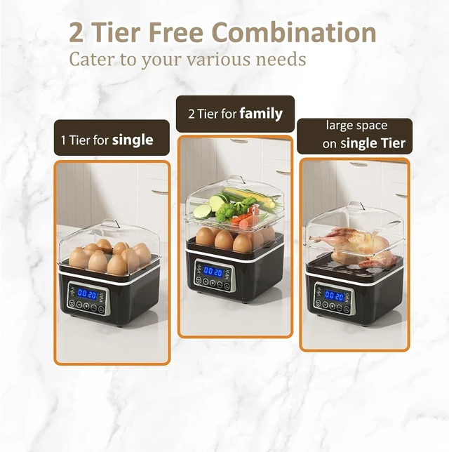 Alt view image 5 of 7 - 2 Tiers Electric Food Steamer for Cooking, 4 QT Digital Multi Vegetable Steamer with BPA-Free Stackable Baskets, Rapid Egg Cooker Egg Steamer with Auto Shut-Off, Ideal for Veggies, Seafood, Rice