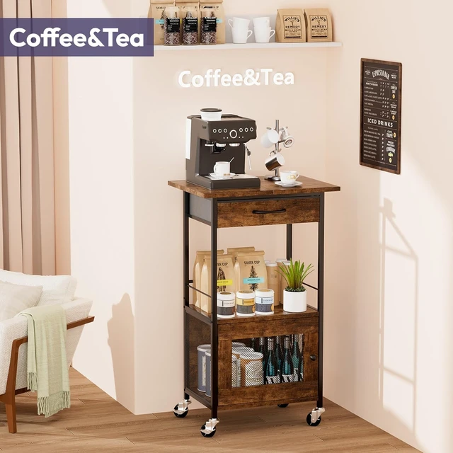 Alt view image 3 of 7 - Buffets Coffee Bar Cabinet - Rolling Kitchen Rack, Farmhouse Small Coffee Stand with Storage Drawer and Door Cabinet - Kitchen Microwave Stand for Apartment, Living Room, Entryway, Espresso