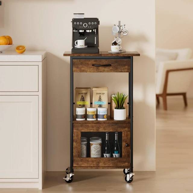 Alt view image 7 of 7 - Buffets Coffee Bar Cabinet - Rolling Kitchen Rack, Farmhouse Small Coffee Stand with Storage Drawer and Door Cabinet - Kitchen Microwave Stand for Apartment, Living Room, Entryway, Espresso