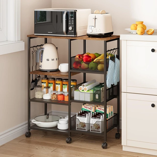 Main image of Kitchen Island Cart on Wheels - 4 Tier Rolling Kitchen Table Cart with Storage Shelves, 6 Removable Hooks& Locking Casters, Coffee Bar Cabinet for Dining Room Pantry Office, Espresso