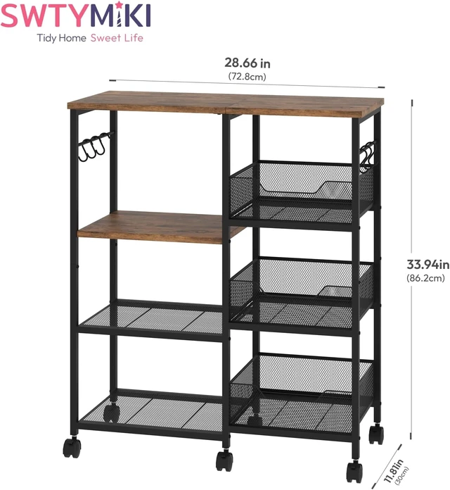 Alt view image 2 of 7 - Kitchen Island Cart on Wheels - 4 Tier Rolling Kitchen Table Cart with Storage Shelves, 6 Removable Hooks& Locking Casters, Coffee Bar Cabinet for Dining Room Pantry Office, Espresso