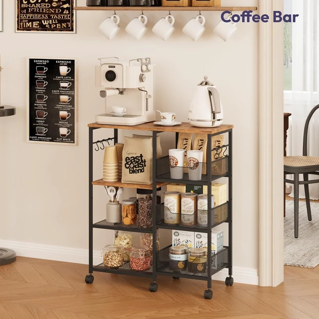 Alt view image 3 of 7 - Kitchen Island Cart on Wheels - 4 Tier Rolling Kitchen Table Cart with Storage Shelves, 6 Removable Hooks& Locking Casters, Coffee Bar Cabinet for Dining Room Pantry Office, Espresso
