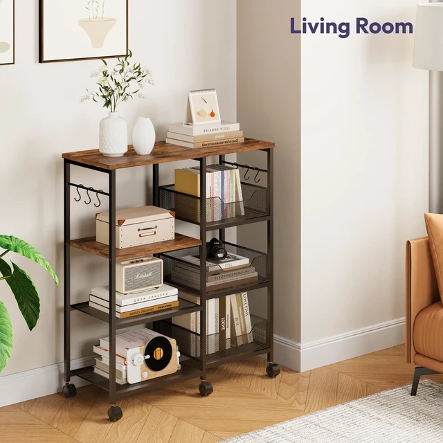 Alt view image 4 of 7 - Kitchen Island Cart on Wheels - 4 Tier Rolling Kitchen Table Cart with Storage Shelves, 6 Removable Hooks& Locking Casters, Coffee Bar Cabinet for Dining Room Pantry Office, Espresso