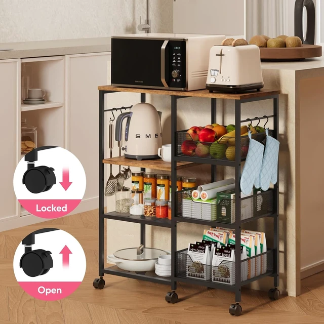Alt view image 6 of 7 - Kitchen Island Cart on Wheels - 4 Tier Rolling Kitchen Table Cart with Storage Shelves, 6 Removable Hooks& Locking Casters, Coffee Bar Cabinet for Dining Room Pantry Office, Espresso