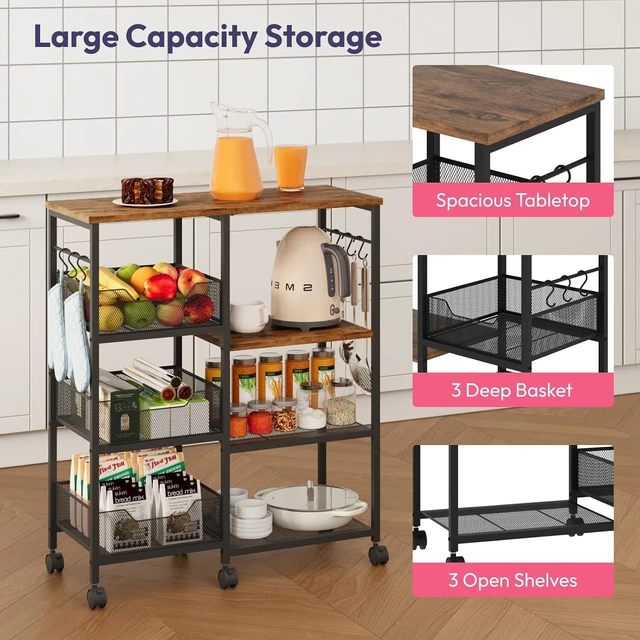 Alt view image 7 of 7 - Kitchen Island Cart on Wheels - 4 Tier Rolling Kitchen Table Cart with Storage Shelves, 6 Removable Hooks& Locking Casters, Coffee Bar Cabinet for Dining Room Pantry Office, Espresso