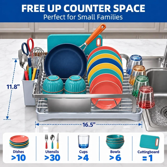 Alt view image 2 of 7 - Dish Drying Rack -304 Stainless Steel Dish Rack for Kitchen Counter