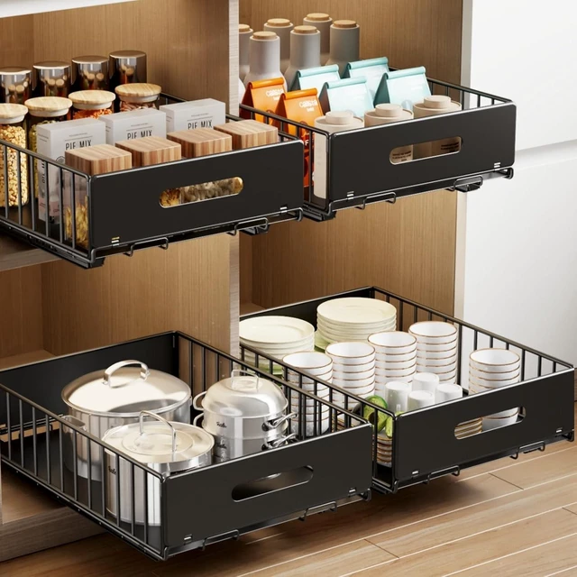 Main image of 2 Pack Pull Out Cabinet Organizer, Slide Out Drawers for Cabinets, Peel and Stick, Heavy Duty Shelves for Kitchen, Cupboard, Pantry, Bathroom (16.5"D*11.8"W*3.94"H-Black)