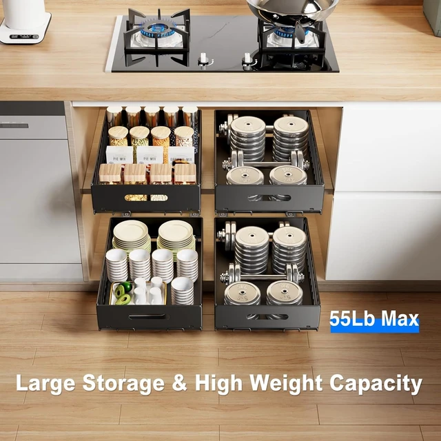 Alt view image 2 of 7 - 2 Pack Pull Out Cabinet Organizer, Slide Out Drawers for Cabinets, Peel and Stick, Heavy Duty Shelves for Kitchen, Cupboard, Pantry, Bathroom (16.5"D*11.8"W*3.94"H-Black)