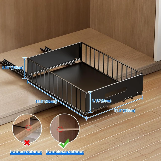 Alt view image 3 of 7 - 2 Pack Pull Out Cabinet Organizer, Slide Out Drawers for Cabinets, Peel and Stick, Heavy Duty Shelves for Kitchen, Cupboard, Pantry, Bathroom (16.5"D*11.8"W*3.94"H-Black)