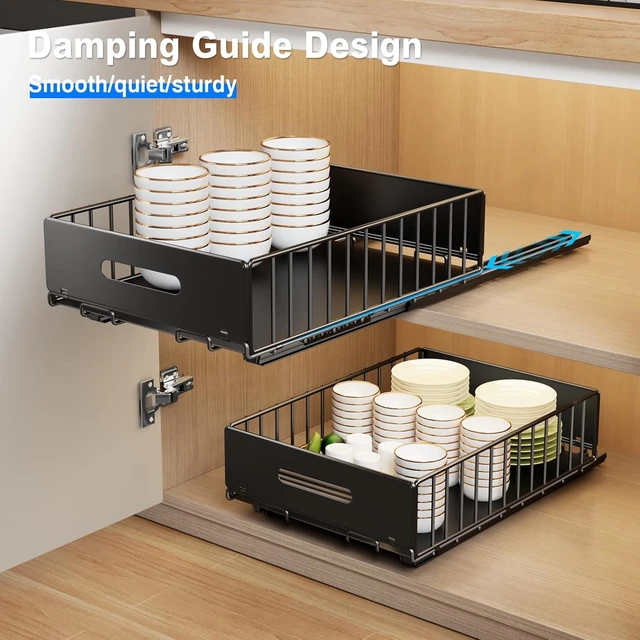 Alt view image 4 of 7 - 2 Pack Pull Out Cabinet Organizer, Slide Out Drawers for Cabinets, Peel and Stick, Heavy Duty Shelves for Kitchen, Cupboard, Pantry, Bathroom (16.5"D*11.8"W*3.94"H-Black)