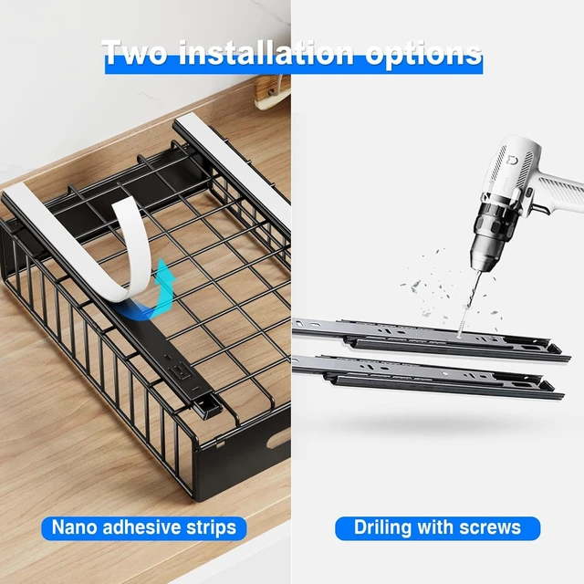 Alt view image 5 of 7 - 2 Pack Pull Out Cabinet Organizer, Slide Out Drawers for Cabinets, Peel and Stick, Heavy Duty Shelves for Kitchen, Cupboard, Pantry, Bathroom (16.5"D*11.8"W*3.94"H-Black)