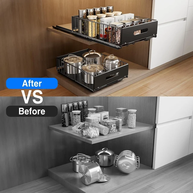 Alt view image 6 of 7 - 2 Pack Pull Out Cabinet Organizer, Slide Out Drawers for Cabinets, Peel and Stick, Heavy Duty Shelves for Kitchen, Cupboard, Pantry, Bathroom (16.5"D*11.8"W*3.94"H-Black)