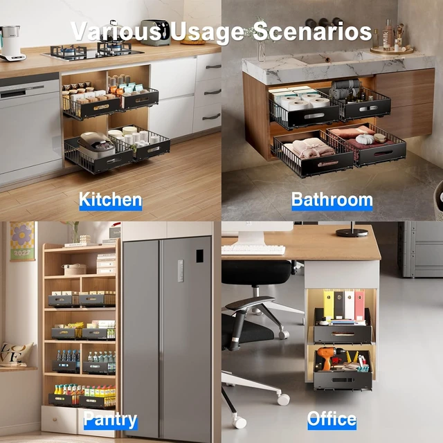 Alt view image 7 of 7 - 2 Pack Pull Out Cabinet Organizer, Slide Out Drawers for Cabinets, Peel and Stick, Heavy Duty Shelves for Kitchen, Cupboard, Pantry, Bathroom (16.5"D*11.8"W*3.94"H-Black)