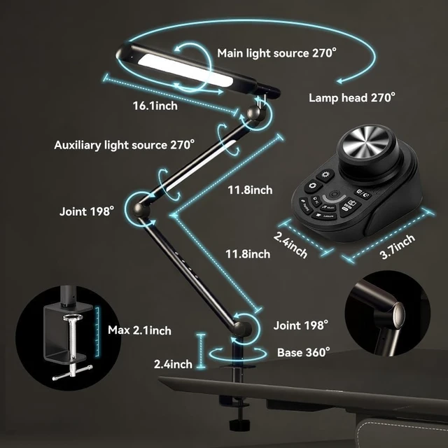 Alt view image 3 of 6 - Adjustable LED Desk Lamp Modern Black - Clamp Mount Office Table Light with Desktop Remote Control, Adjustable Brightness & Color Temperature, 5 Lighting Modes for Reading, Computer, DIY
