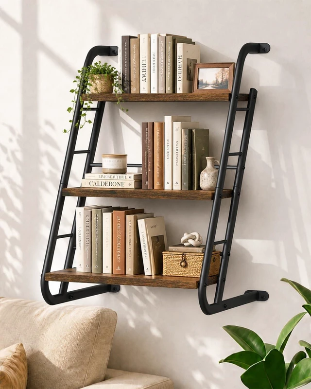 Main image of Floating Shelves for Wall,3-Tier Rustic Wood Ladder Wall Shelf,16" Brown