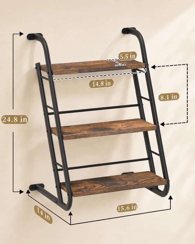 Alt view image 2 of 7 - Floating Shelves for Wall,3-Tier Rustic Wood Ladder Wall Shelf,16" Brown