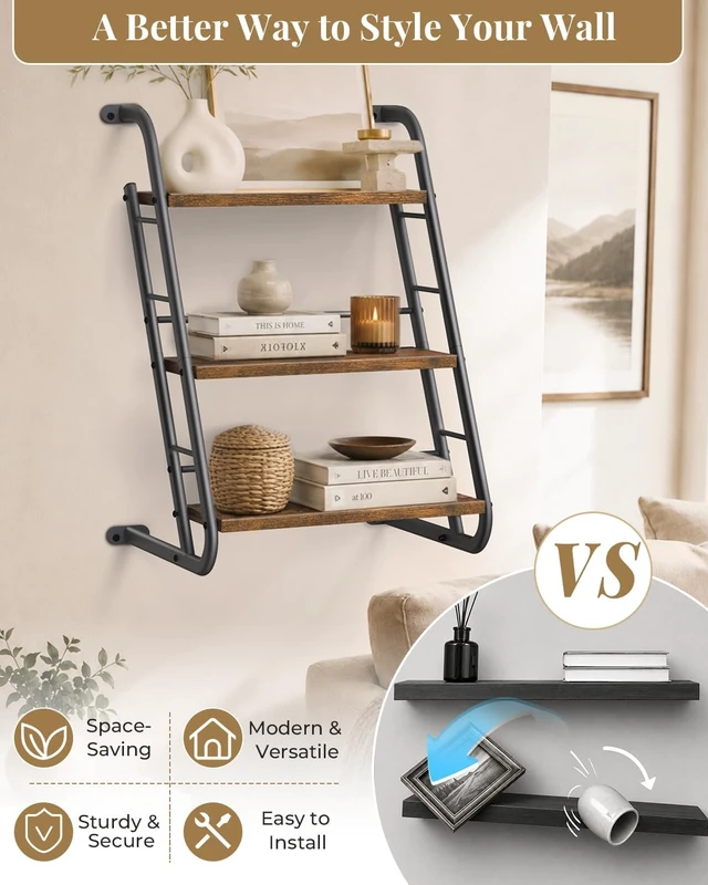 Alt view image 3 of 7 - Floating Shelves for Wall,3-Tier Rustic Wood Ladder Wall Shelf,16" Brown