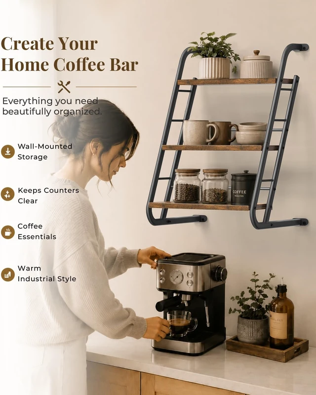 Alt view image 7 of 7 - Floating Shelves for Wall,3-Tier Rustic Wood Ladder Wall Shelf,16" Brown
