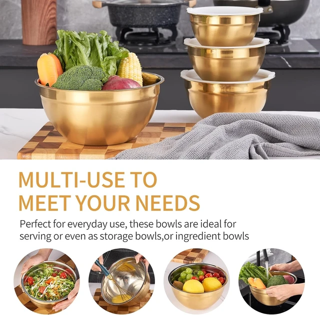 Alt view image 3 of 7 - Gold Mixing Bowls with Airtight Lids, Stainless Steel Nesting Mixing Bowls Set of 7, Ideal for Baking, Prepping and Serving Food, Size 7, 3.6, 2.7, 2.1, 1.5, 1.1,0.8 QT, Stackable Design