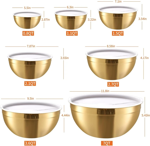 Alt view image 2 of 7 - Gold Mixing Bowls with Airtight Lids, Stainless Steel Nesting Mixing Bowls Set of 7, Ideal for Baking, Prepping and Serving Food, Size 7, 3.6, 2.7, 2.1, 1.5, 1.1,0.8 QT, Stackable Design