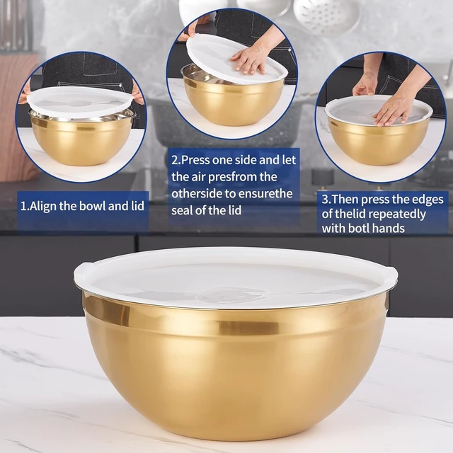 Alt view image 4 of 7 - Gold Mixing Bowls with Airtight Lids, Stainless Steel Nesting Mixing Bowls Set of 7, Ideal for Baking, Prepping and Serving Food, Size 7, 3.6, 2.7, 2.1, 1.5, 1.1,0.8 QT, Stackable Design