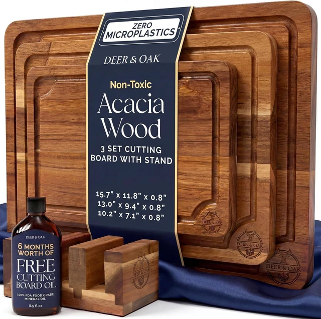 Main image of Non Toxic 3-Piece Acacia Cutting Board Set with Stand