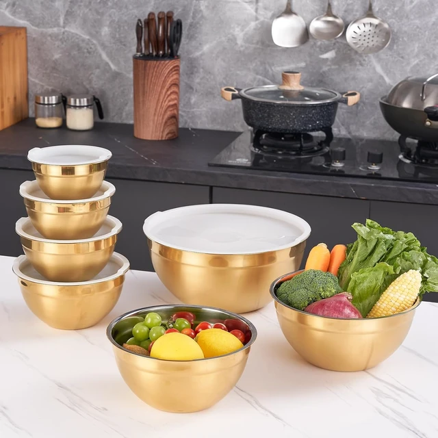 Alt view image 7 of 7 - Gold Mixing Bowls with Airtight Lids, Stainless Steel Nesting Mixing Bowls Set of 7, Ideal for Baking, Prepping and Serving Food, Size 7, 3.6, 2.7, 2.1, 1.5, 1.1,0.8 QT, Stackable Design