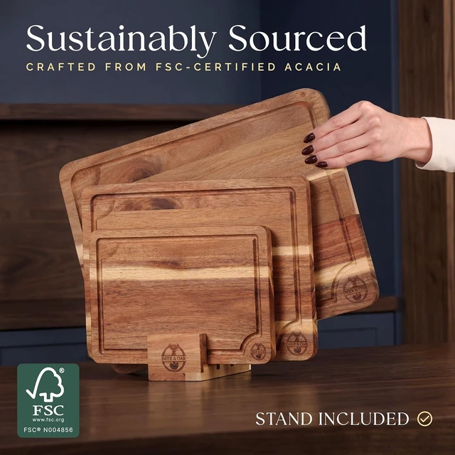 Alt view image 4 of 7 - Non Toxic 3-Piece Acacia Cutting Board Set with Stand