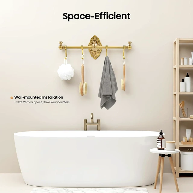 Alt view image 2 of 7 - Wall Mounted Brass Towel Bar with 4 Hooks, European Retro Brass Towel Hook Rack, Antique Brass Bathroom Towel Hook Rack for Entryway Bathroom Bedroom, 14.17 * 2.95inch