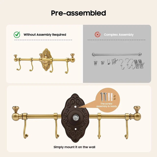 Alt view image 3 of 7 - Wall Mounted Brass Towel Bar with 4 Hooks, European Retro Brass Towel Hook Rack, Antique Brass Bathroom Towel Hook Rack for Entryway Bathroom Bedroom, 14.17 * 2.95inch