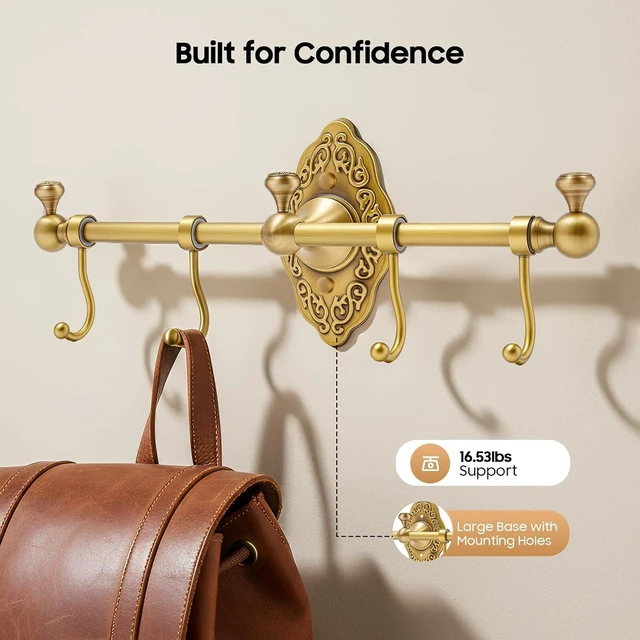 Alt view image 4 of 7 - Wall Mounted Brass Towel Bar with 4 Hooks, European Retro Brass Towel Hook Rack, Antique Brass Bathroom Towel Hook Rack for Entryway Bathroom Bedroom, 14.17 * 2.95inch