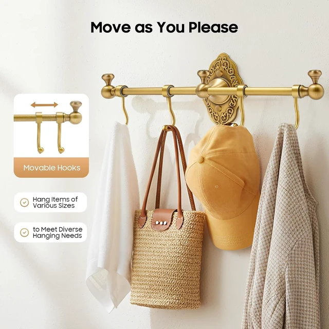 Alt view image 5 of 7 - Wall Mounted Brass Towel Bar with 4 Hooks, European Retro Brass Towel Hook Rack, Antique Brass Bathroom Towel Hook Rack for Entryway Bathroom Bedroom, 14.17 * 2.95inch