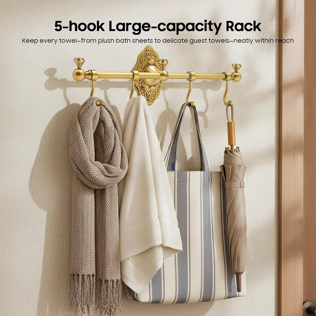 Alt view image 6 of 7 - Wall Mounted Brass Towel Bar with 4 Hooks, European Retro Brass Towel Hook Rack, Antique Brass Bathroom Towel Hook Rack for Entryway Bathroom Bedroom, 14.17 * 2.95inch