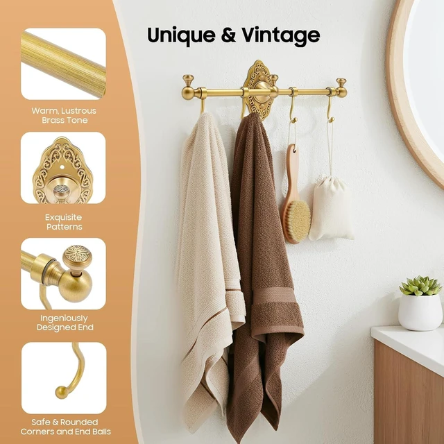 Alt view image 7 of 7 - Wall Mounted Brass Towel Bar with 4 Hooks, European Retro Brass Towel Hook Rack, Antique Brass Bathroom Towel Hook Rack for Entryway Bathroom Bedroom, 14.17 * 2.95inch