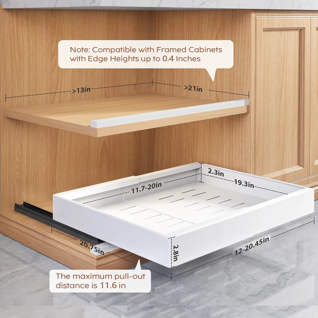 Alt view image 2 of 7 - 2 Pack Pull Out Cabinet Organizers 21"Deep with Raising Pad for Framed Cabinets,Expandable Slide Out Drawers Upgrade 3 Slide Rails,Roll Out Shelves Adhesive,Adjustable Width 12"-20.45" White