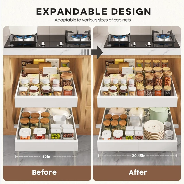 Alt view image 4 of 7 - 2 Pack Pull Out Cabinet Organizers 21"Deep with Raising Pad for Framed Cabinets,Expandable Slide Out Drawers Upgrade 3 Slide Rails,Roll Out Shelves Adhesive,Adjustable Width 12"-20.45" White
