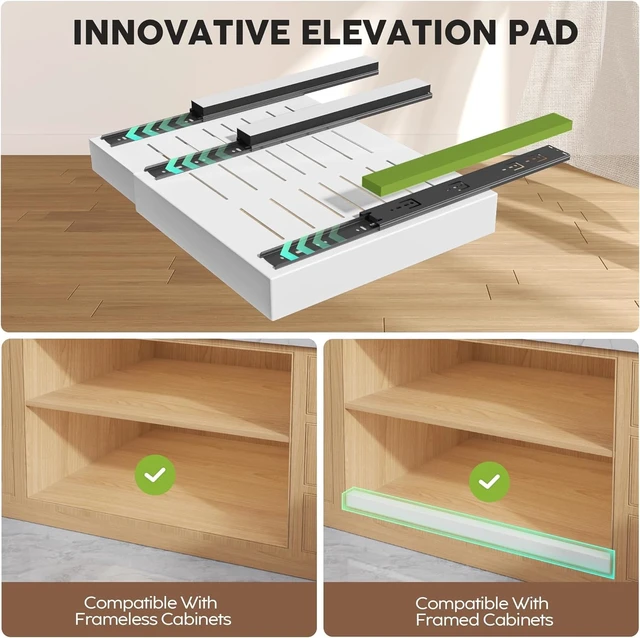 Alt view image 3 of 7 - 2 Pack Pull Out Cabinet Organizers 21"Deep with Raising Pad for Framed Cabinets,Expandable Slide Out Drawers Upgrade 3 Slide Rails,Roll Out Shelves Adhesive,Adjustable Width 12"-20.45" White