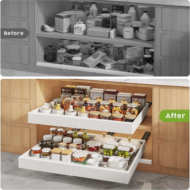 Alt view image 6 of 7 - 2 Pack Pull Out Cabinet Organizers 21"Deep with Raising Pad for Framed Cabinets,Expandable Slide Out Drawers Upgrade 3 Slide Rails,Roll Out Shelves Adhesive,Adjustable Width 12"-20.45" White