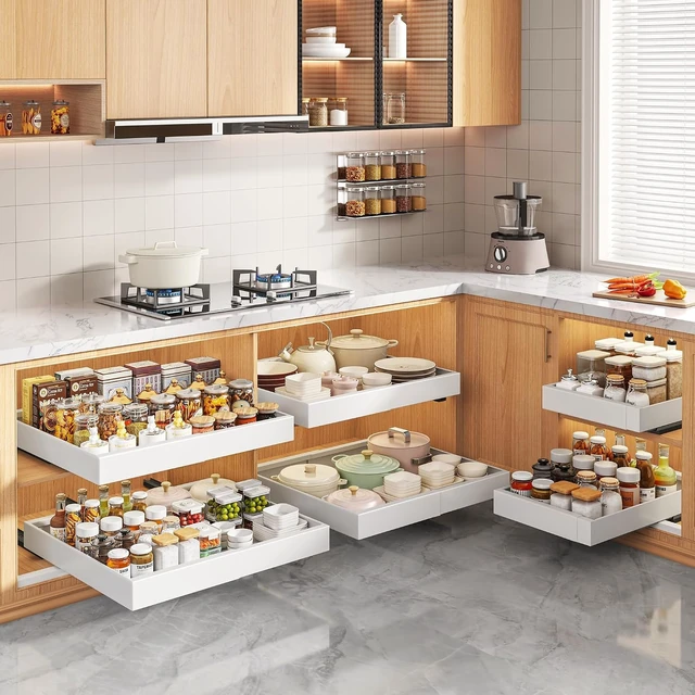 Alt view image 7 of 7 - 2 Pack Pull Out Cabinet Organizers 21"Deep with Raising Pad for Framed Cabinets,Expandable Slide Out Drawers Upgrade 3 Slide Rails,Roll Out Shelves Adhesive,Adjustable Width 12"-20.45" White