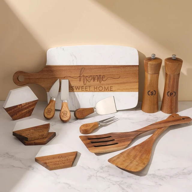 Alt view image 3 of 6 - Luxury Kitchen Gift Set for Housewarming Marble Cheese Board, Acacia Wooden Grinders, Cheese Knives & Utensils, Coaster Set Elegant Charcuterie & Cooking Gift Box for Women, Couples, New Home