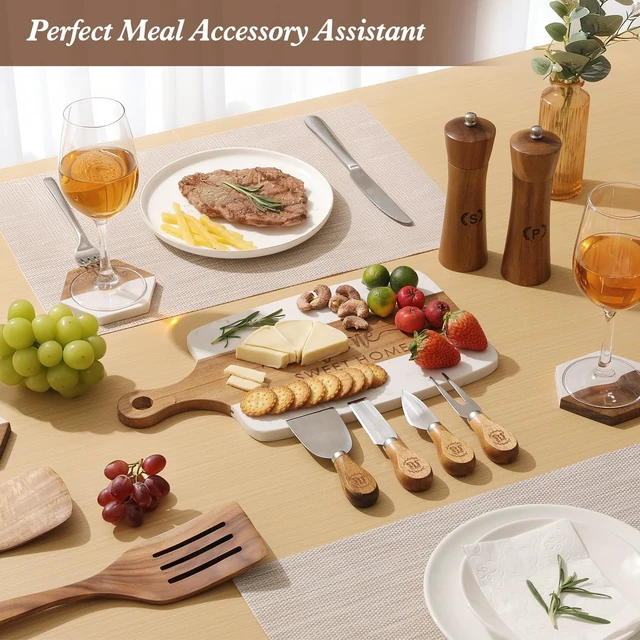 Alt view image 4 of 6 - Luxury Kitchen Gift Set for Housewarming Marble Cheese Board, Acacia Wooden Grinders, Cheese Knives & Utensils, Coaster Set Elegant Charcuterie & Cooking Gift Box for Women, Couples, New Home